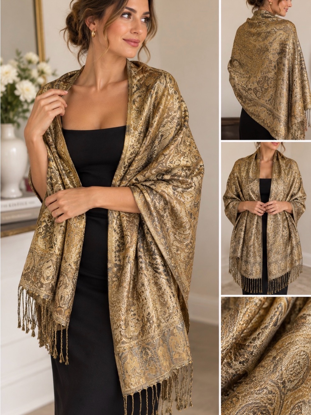 100% Cashmere Pashmina Shawl Gold Bronze Paisley Metallic Wrap Fringe 74”